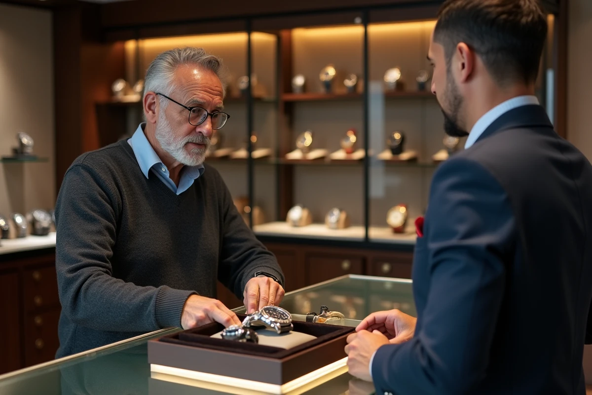 Un client interroge un vendeur sur la fiabilité d'un prix bas pour une montre Daytona en boutique