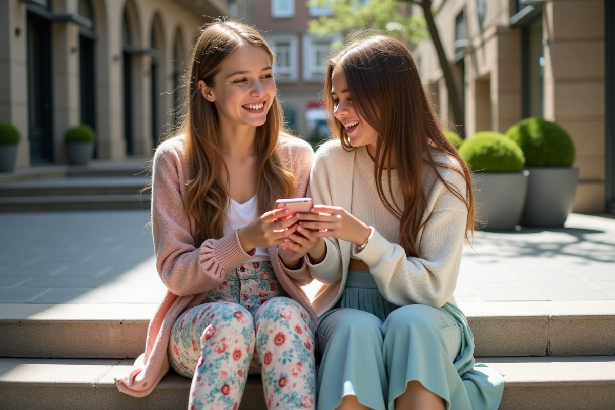 Deux adolescentes riant ensemble sur les marches d