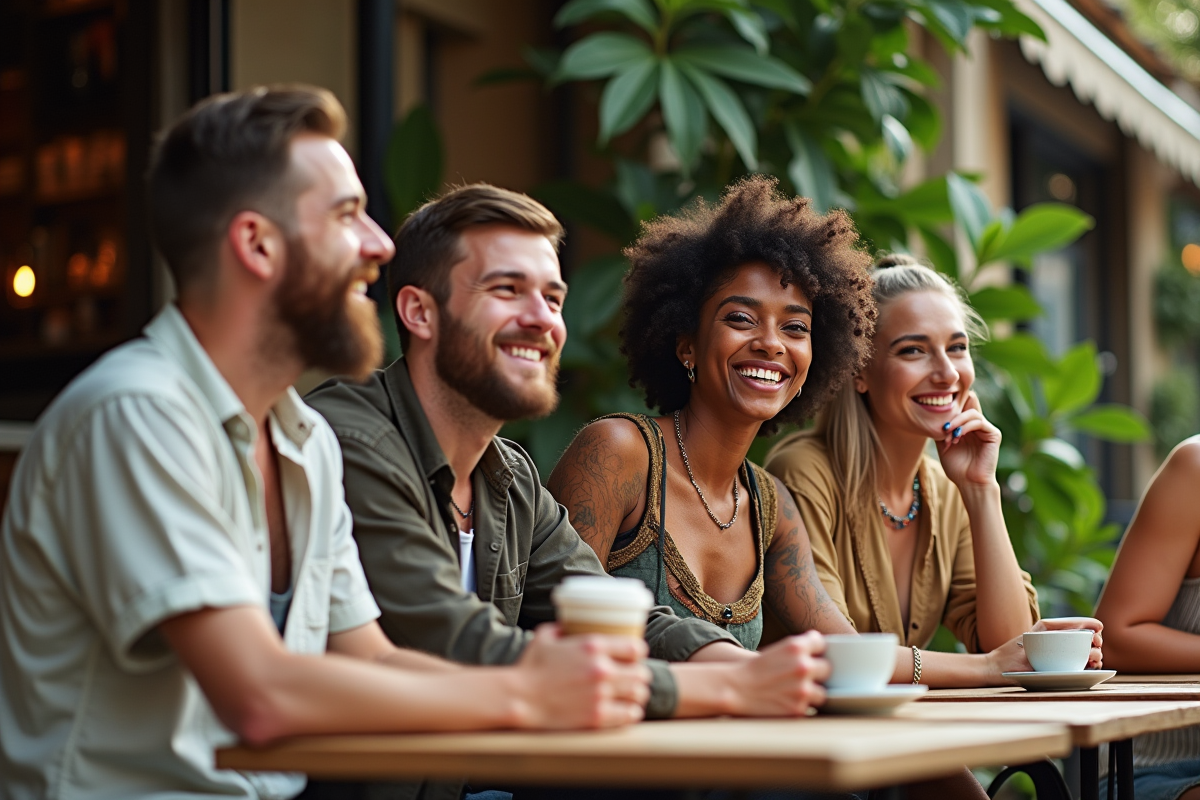 Groupe d amis en vêtements recyclés souriants en terrasse de café verte