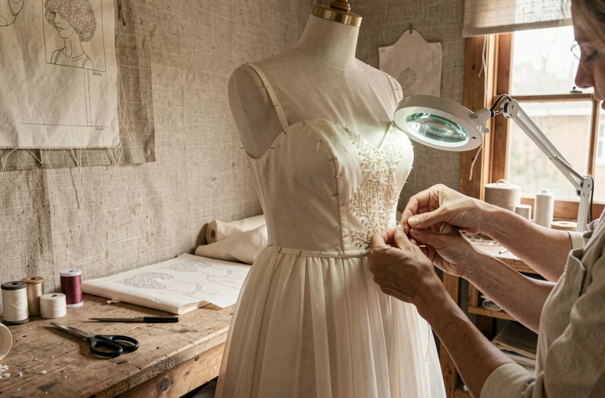 Robe de soirée en organza sur un mannequin couture dans l'Atelier Cluzel