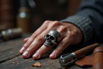 Bague tête de mort en argent portée sur la main d'un homme, posée sur une surface en bois rustique avec détails gravés visibles