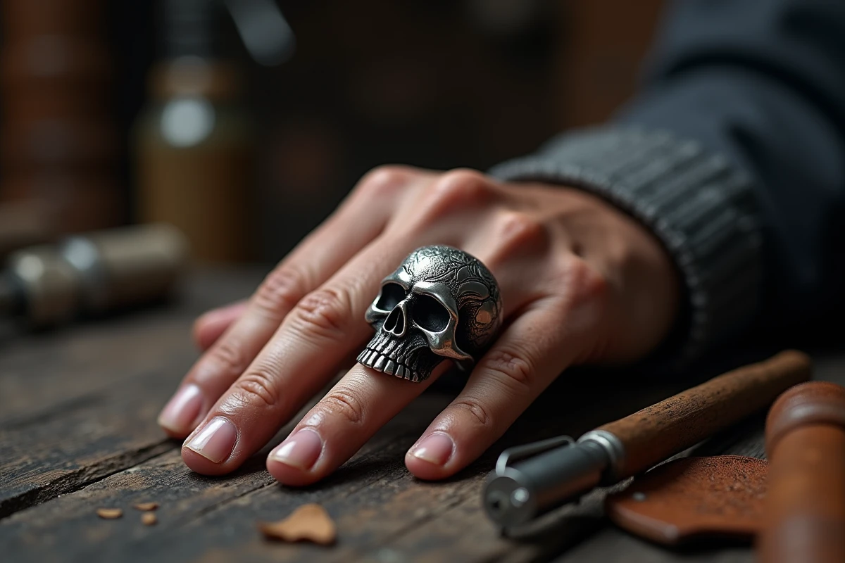 Bague tête de mort en argent portée sur la main d'un homme, posée sur une surface en bois rustique avec détails gravés visibles