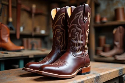 Bottes cowboy homme en cuir mahogany avec broderies et détails artisanaux sur un établi de bottier