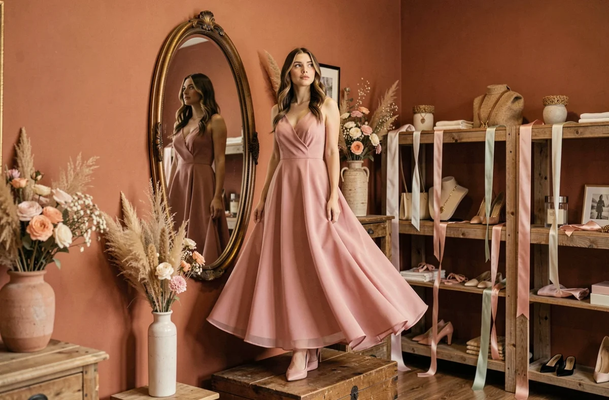 Femme essayant une robe de soirée en mousseline dans la boutique L'Adresse Coeur