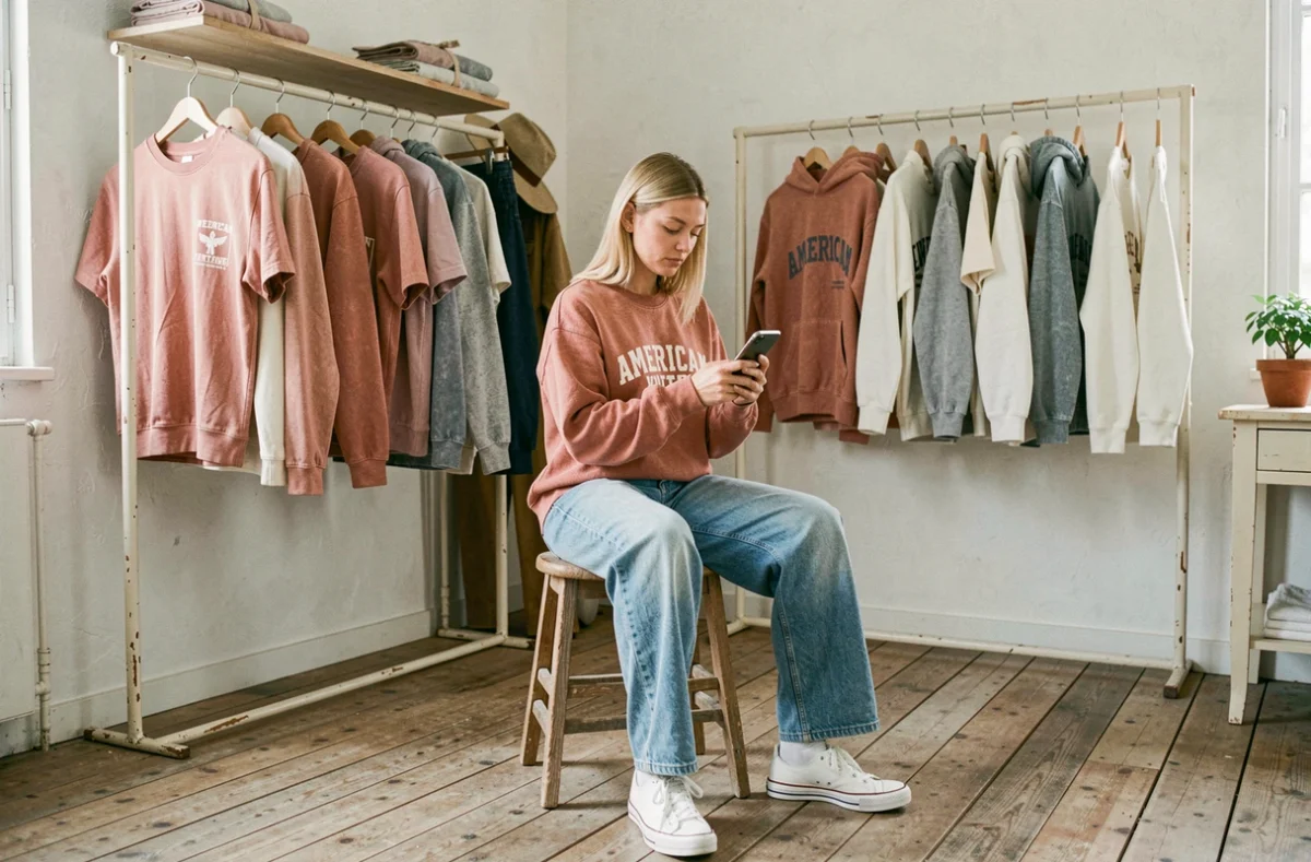 Boutique American Vintage avec une jeune femme décontractée en sweatshirt terracotta délavé assise dans un espace épuré aux tons vintage