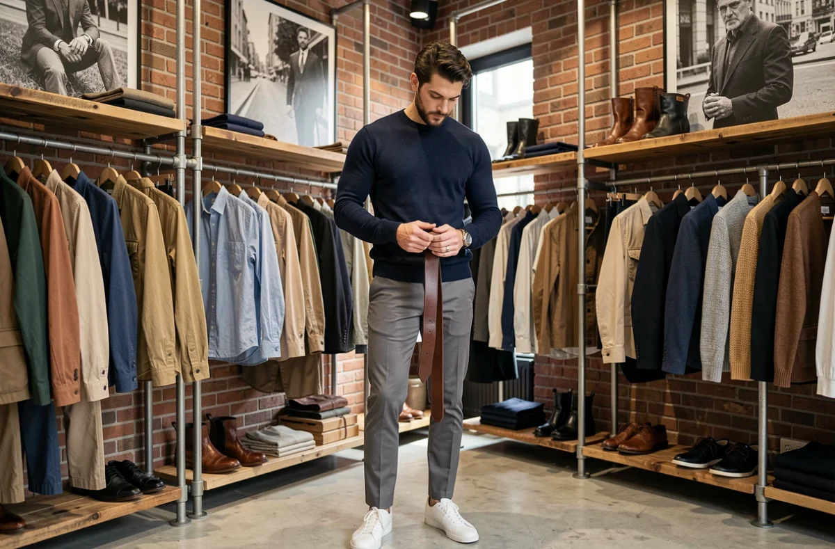 Boutique Caractère d'Homme avec un homme élégant en pull marine examinant des accessoires en cuir sur fond de brique apparente