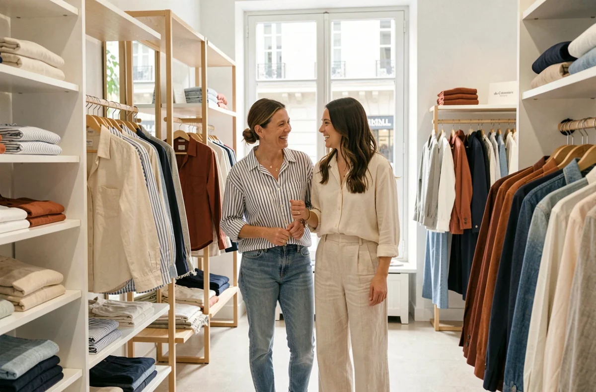 Boutique Comptoir des Cotonniers avec une mère et sa fille souriant ensemble parmi des vêtements en lin et coton