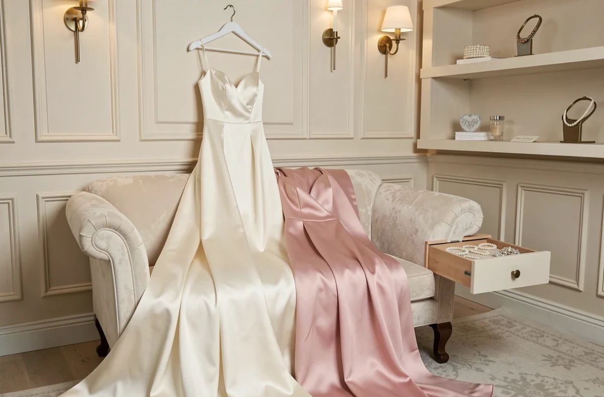 Robes de mariée exposées sur un canapé velours dans la boutique Félicité Mariage