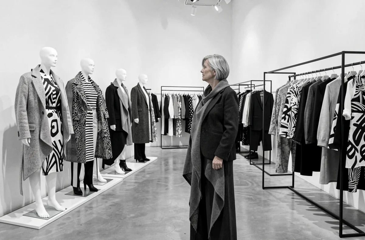 Boutique Franck Berthier avec une femme aux cheveux argentés en tenue avant-gardiste dans un espace épuré et artistique
