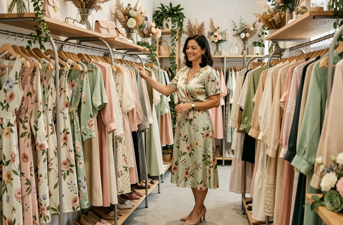 Intérieur de la boutique Graine d'Iris avec des robes fleuries et une cliente élégante parcourant les rayons