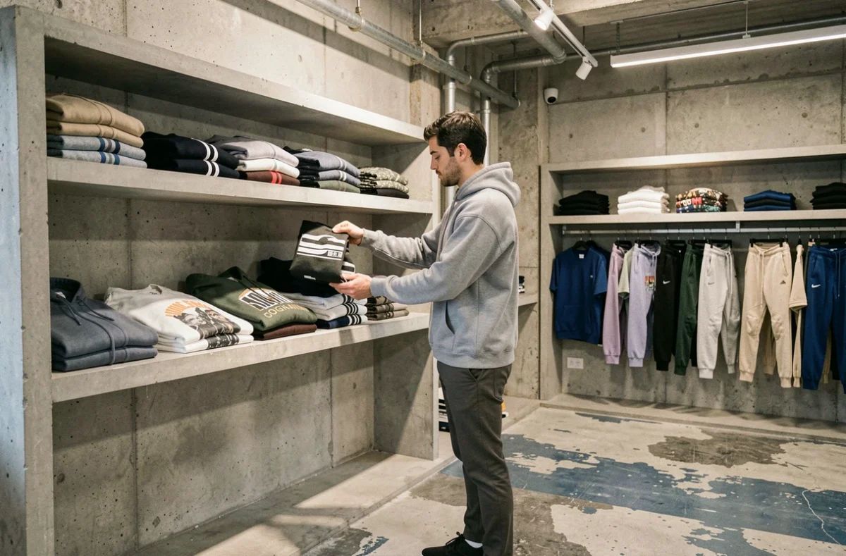 Intérieur de la boutique Jogging à Marseille avec un vendeur arrangeant des vêtements streetwear sur des étagères en béton