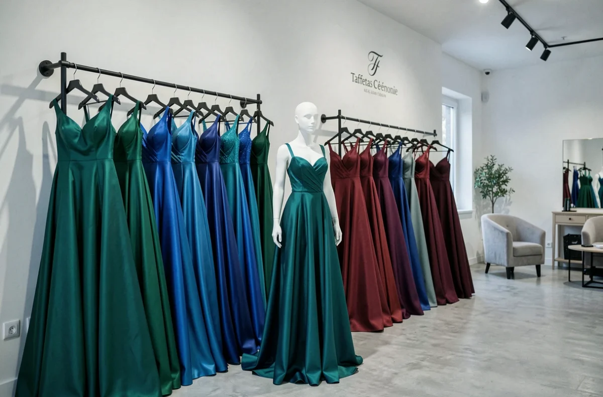 Robes de cérémonie en taffetas aux tons bijou exposées dans la boutique Taffetas Cérémonie