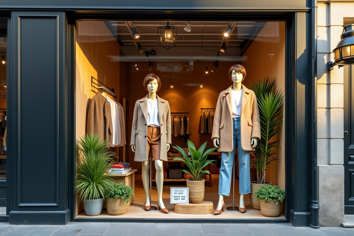 Vitrine de boutique avec vêtements recyclés et mannequin en mode upcycling