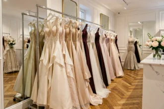 Présentation de robes de soirée élégantes dans une boutique de mariage en Loire-Atlantique
