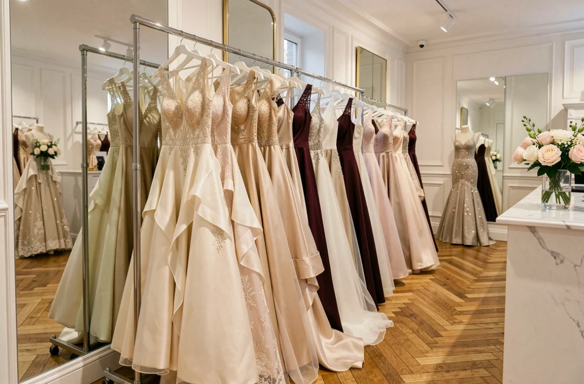 Présentation de robes de soirée élégantes dans une boutique de mariage en Loire-Atlantique