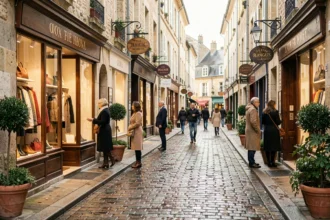 Rue commerçante animée en Côte-d'Or avec boutiques de vêtements élégantes et passants bien habillés en automne