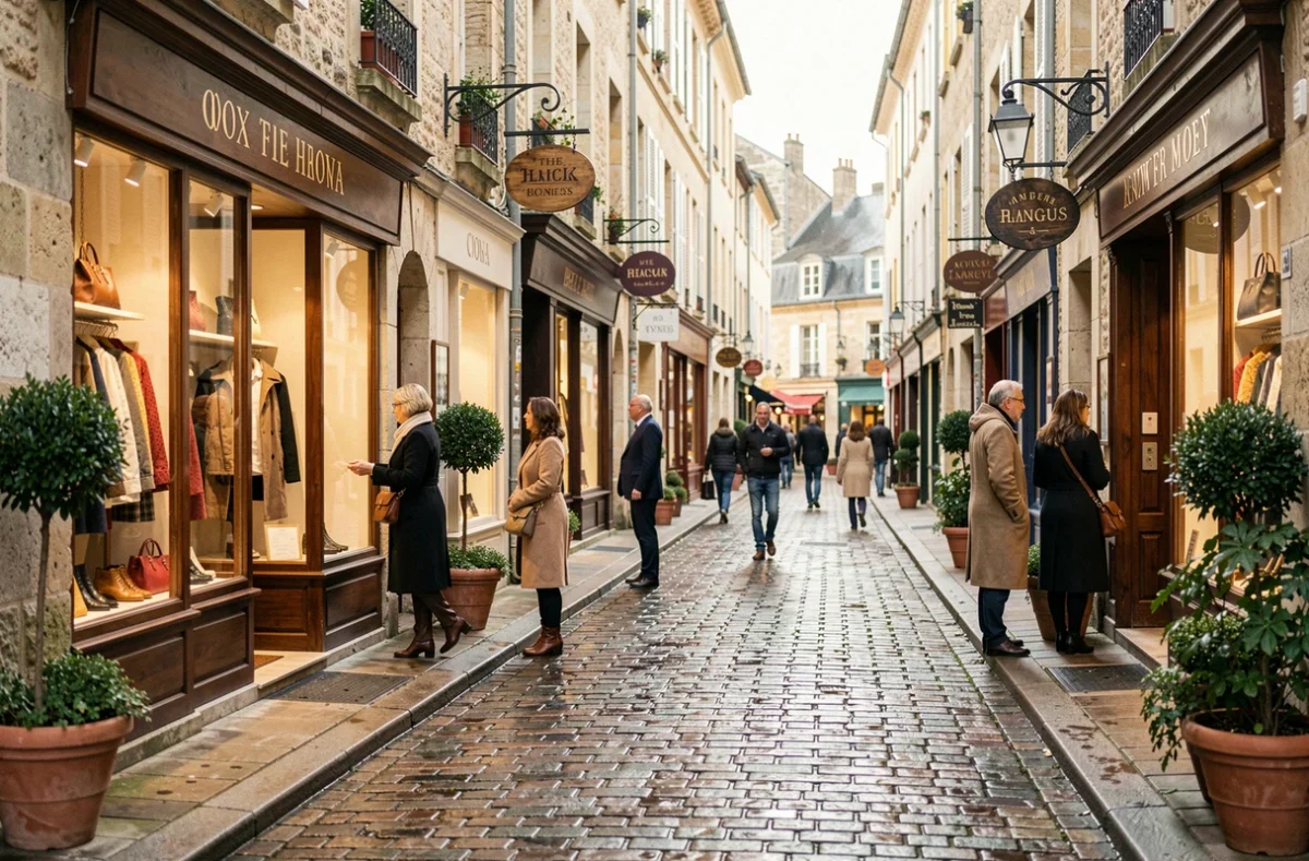 Rue commerçante animée en Côte-d'Or avec boutiques de vêtements élégantes et passants bien habillés en automne