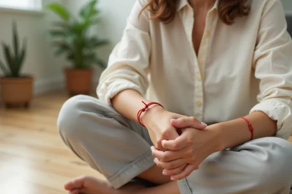 Femme portant un bracelet fil rouge à 7 nœuds au poignet gauche dans un intérieur minimaliste zen
