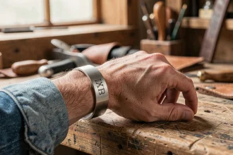 Bracelet homme gravé en argent brossé porté au poignet avec initiales gravées en relief, posé sur un établi en bois de craftsman