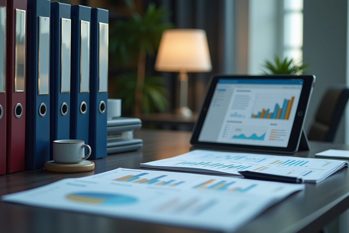 Bureau professionnel avec dossiers étiquetés et tablette numérique
