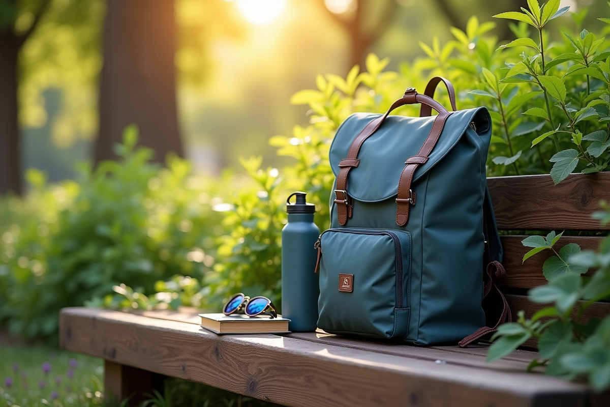 Sac cabia sur un banc dans un parc ensoleille