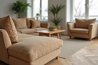 Canapé et fauteuils en tissu daim taupe dans un salon moderne au style scandinave