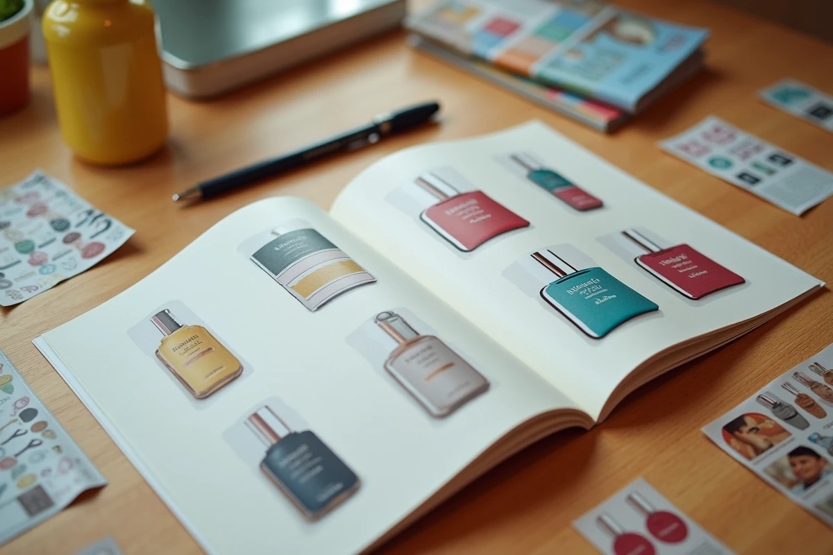Carnet de vignettes Armor Lux ouvert avec autocollants et prospectus Intermarché sur une table en bois