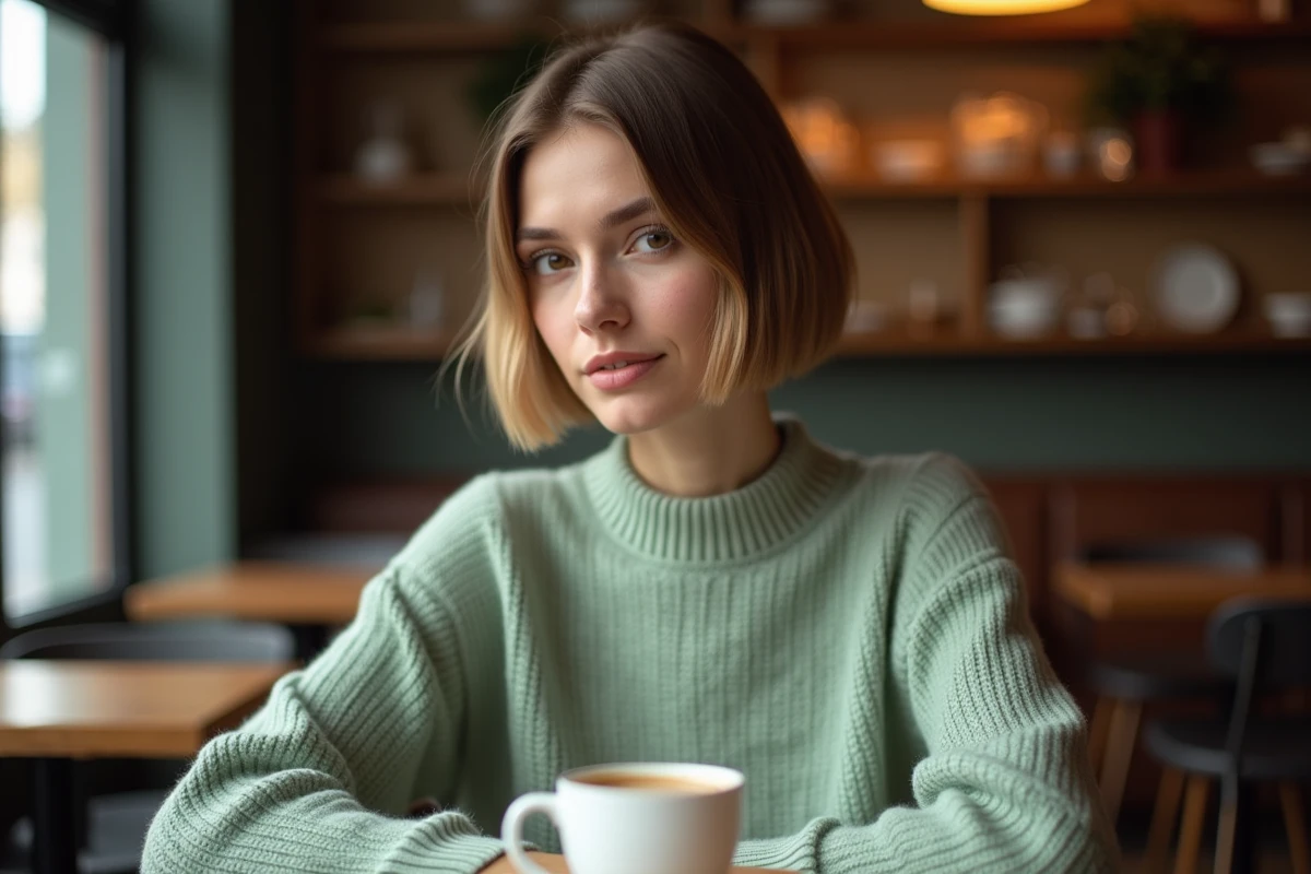 Femme avec un carré court volumisé et nuque dégagée affinant un visage rond, assise dans un café parisien, pull vert sauge