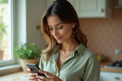 Femme tenant un smartphone avec une chaîne dorée fine, examinant les matières de la chaîne de téléphone dans une cuisine au style scandinave