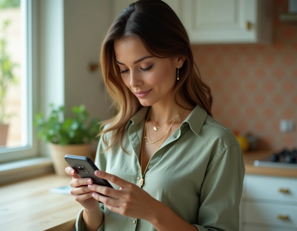 Femme tenant un smartphone avec une chaîne dorée fine, examinant les matières de la chaîne de téléphone dans une cuisine au style scandinave