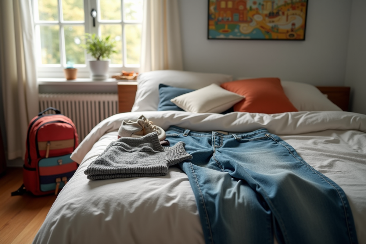 Chambre lumineuse avec vêtements et sac pour l