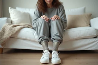 Femme portant des chaussettes à paillettes mal assorties avec un jogging décontracté, erreur de style à éviter