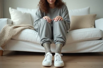 Femme portant des chaussettes à paillettes mal assorties avec un jogging décontracté, erreur de style à éviter