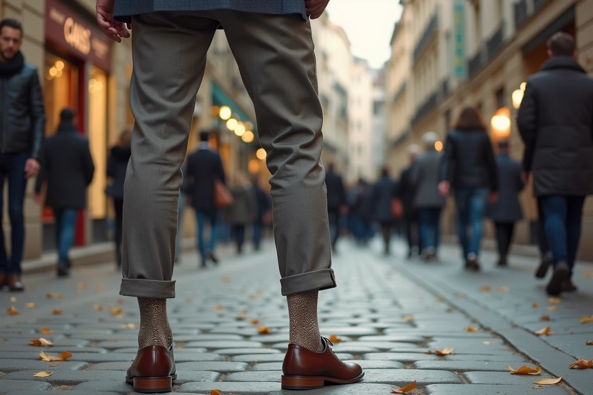 Homme en rue avec des chaussettes à paillettes visibles sous un pantalon tailleur, mauvaise association vestimentaire