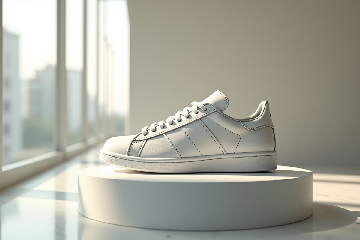 Sneaker blanche minimaliste sur un piédestal en satin