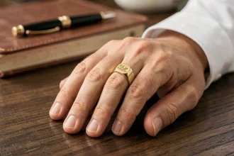 Chevalière homme en or jaune avec monogramme gravé portée sur la main reposant sur un bureau en chêne