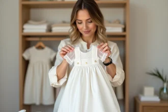 Jeune femme examinant attentivement une robe de baptême blanche pour bébé dans une boutique de vêtements pour enfants