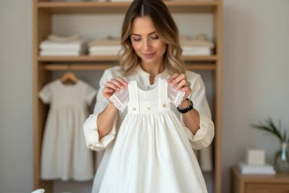 Jeune femme examinant attentivement une robe de baptême blanche pour bébé dans une boutique de vêtements pour enfants