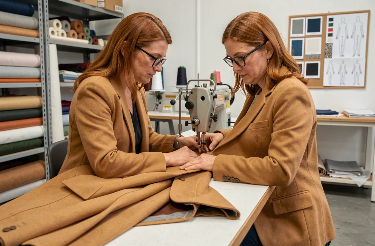 Une couturière assemble un blazer en laine sur une machine industrielle dans l'atelier Chouet Couture dans les Hauts-de-Seine