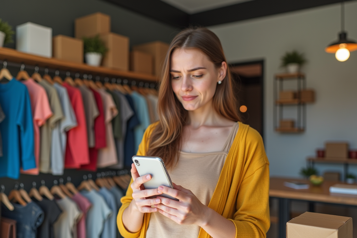 Client inquiet tenant son smartphone devant une section d avis vide