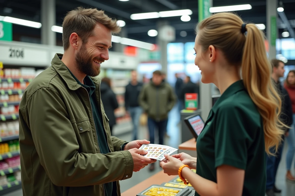 Client remettant des vignettes Armor Lux à une caissière à la caisse d'Intermarché