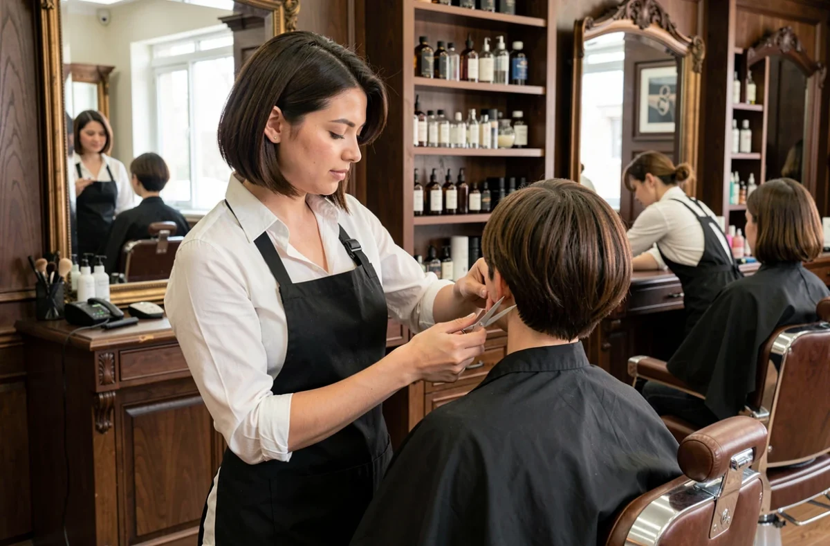 Coiffeuse réalisant une coupe garçon courte sur une cliente dans un salon de barbier moderne