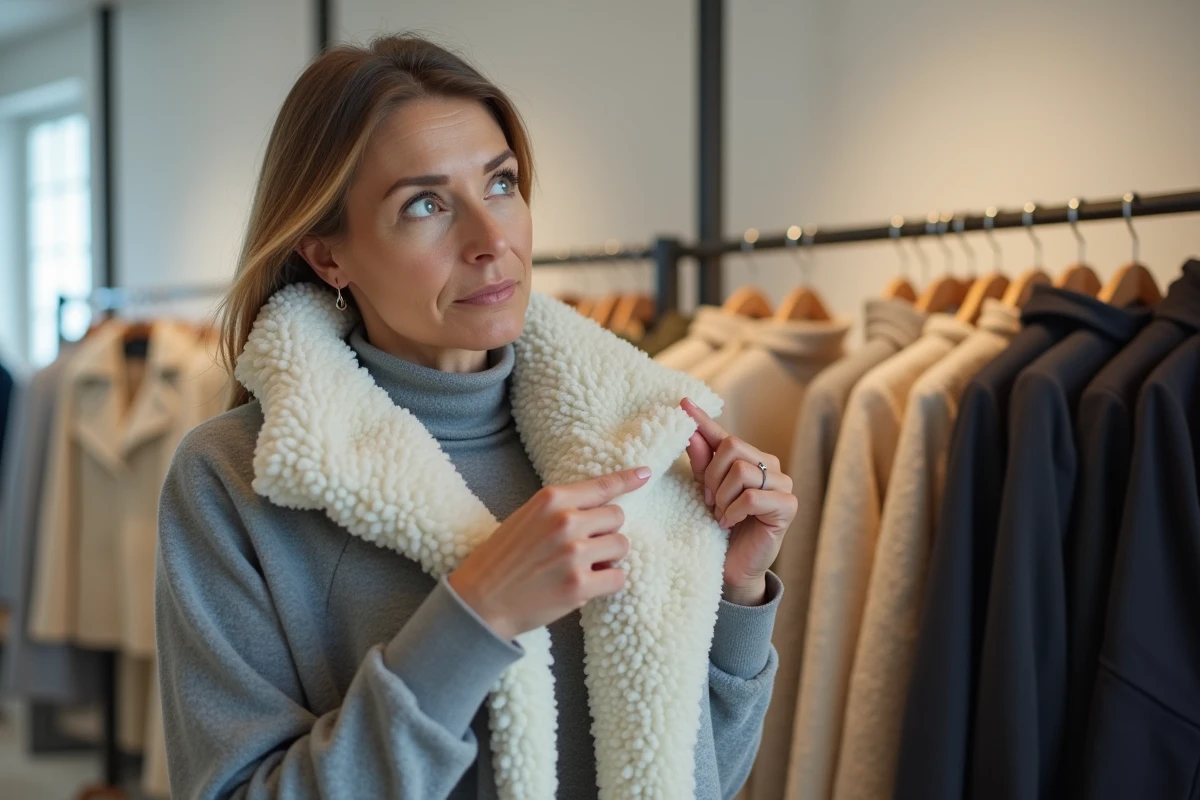 Femme examinant un col capuche amovible en sherpa dans une boutique de mode minimaliste