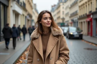 Femme portant un manteau avec col capuche amovible en fourrure synthétique dans une rue parisienne en automne