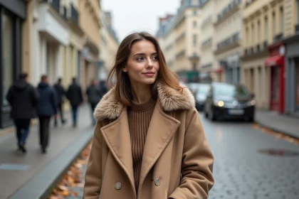 Femme portant un manteau avec col capuche amovible en fourrure synthétique dans une rue parisienne en automne