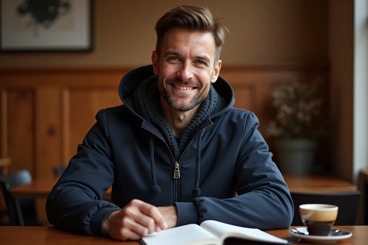 Homme en veste avec col capuche amovible en maille dans un café chaleureux, accessoire mode tendance