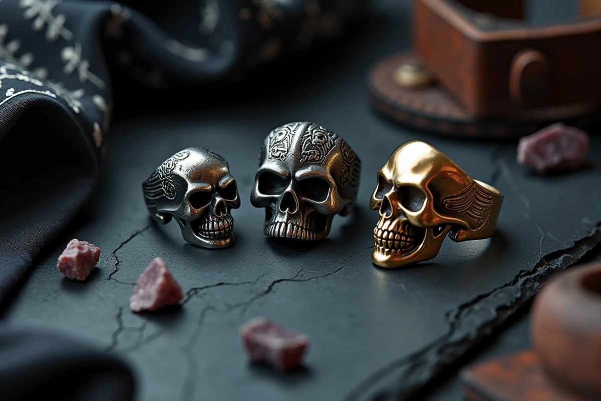 Flat lay de trois bagues têtes de mort de styles différents sur ardoise avec accessoires rock masculins