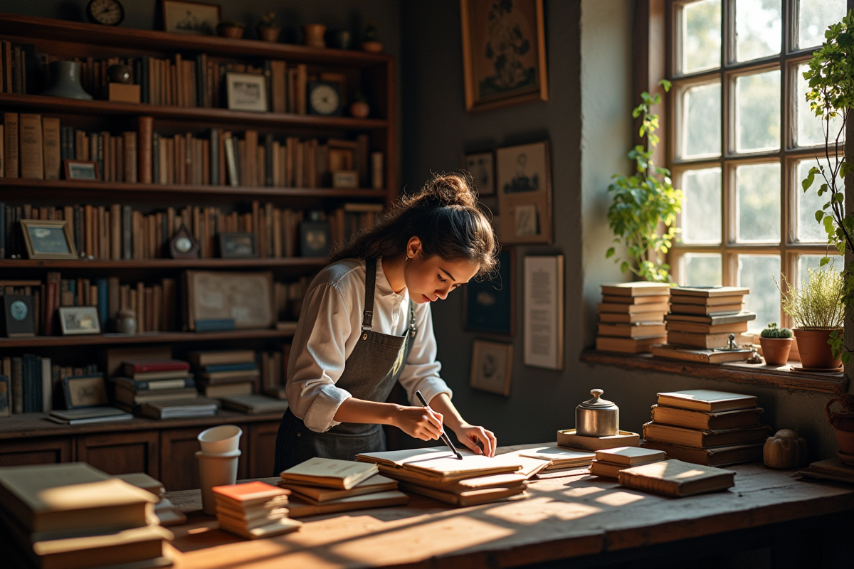 Personne organisant une collection de livres vintage sur une étagère