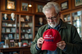 Collectionneur examinant attentivement une casquette Trump en série limitée dans une boutique de souvenirs politiques