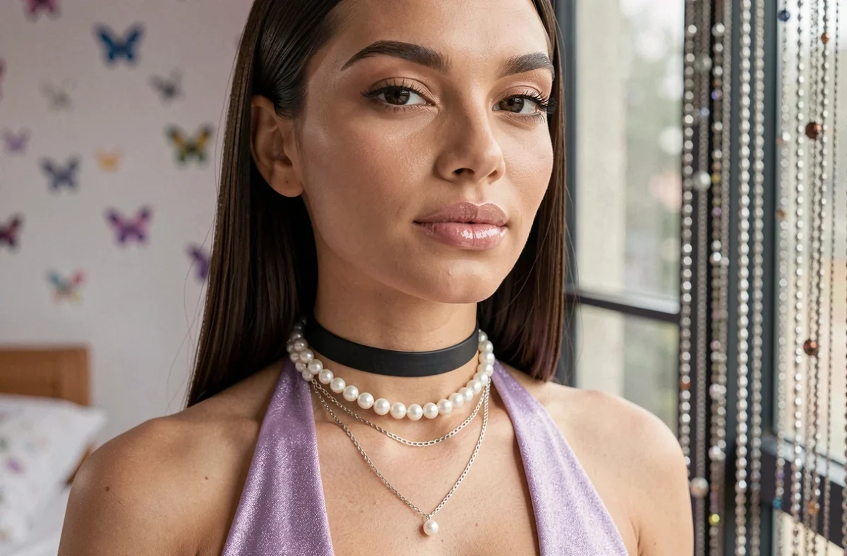 Portrait rapproché d'une femme portant plusieurs colliers chokers superposés — chaîne argent, rang de perles et choker noir — style Y2K assumé